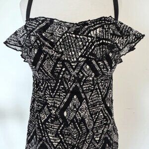 Women's Becca Bandeau Black Print Ruffle Tankini Plus 1X